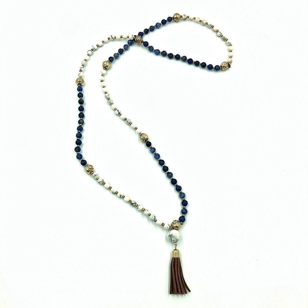 Marlyn Schiff Long Beaded Leather Tassel Necklace NWOT - Picture 2 of 8